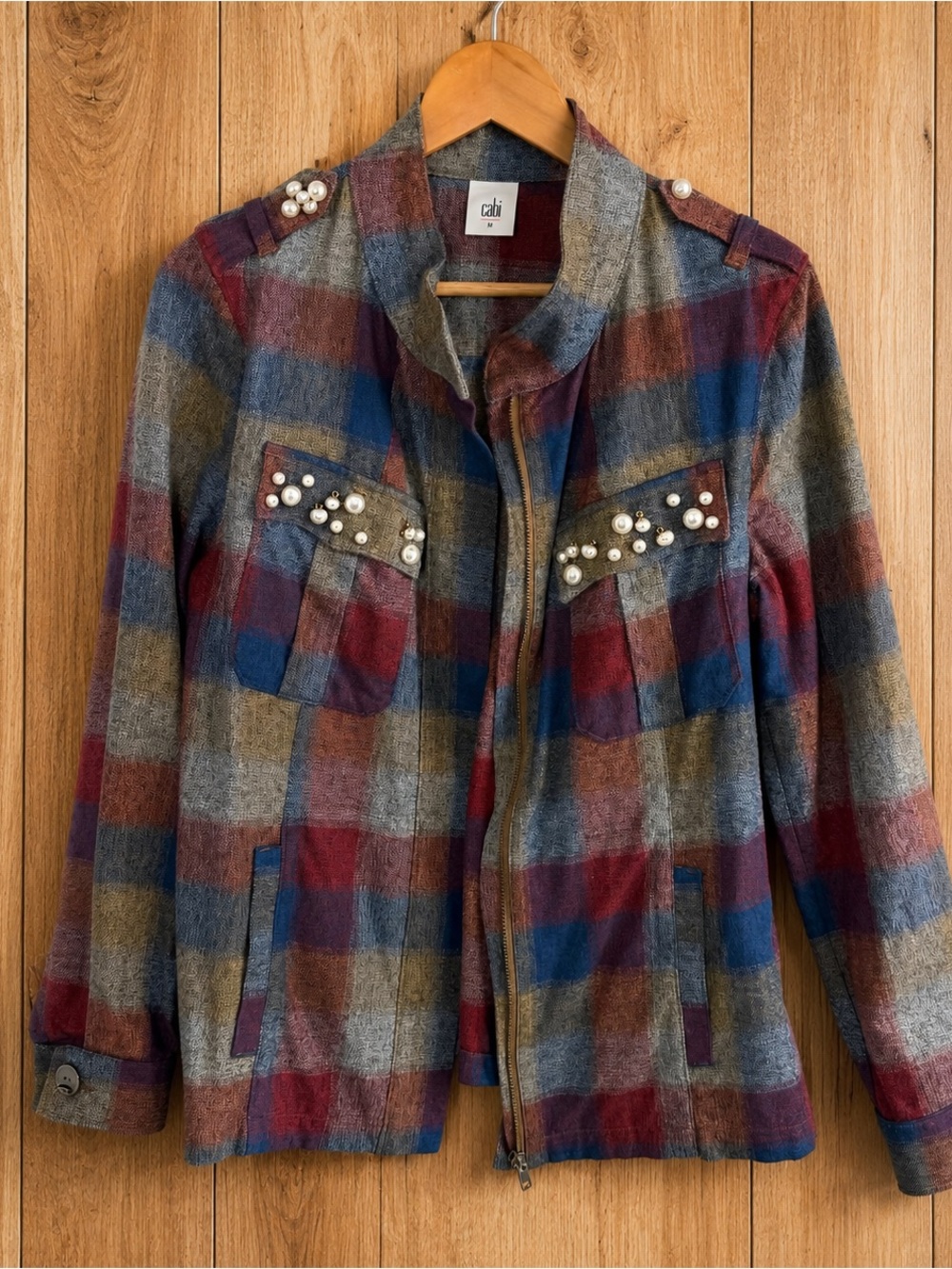 Cabi Plaid Western Pearl Embellished Zip Jacket Shirt